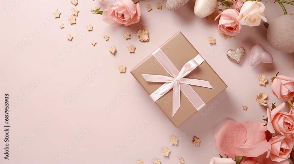 a gift or present box alongside flowers on a light table, captured from a top view, a greeting card and arrange the composition in a minimalist, a gift or present box alongside flowers on a light table, captured from a top view, a greeting card and arrange the composition in a minimalist,