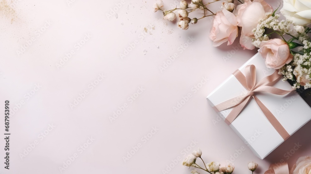 a gift or present box alongside flowers on a light table, captured from a top view, a greeting card and arrange the composition in a minimalist, a gift or present box alongside flowers on a light table, captured from a top view, a greeting card and arrange the composition in a minimalist,