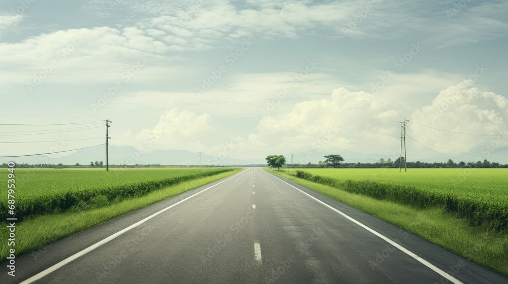 a straight country road amidst green farmland natural scenery, emphasizing a composition in a minimalist and modern style.