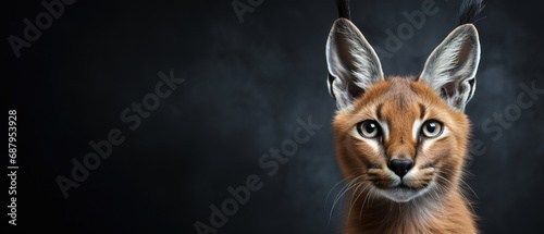 Front view of caracal on gray background. Wild animals banner with copy space © Uwe