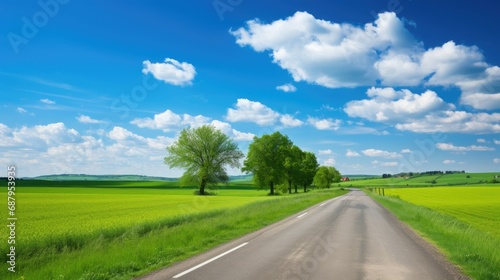 a straight country road amidst green farmland natural scenery, emphasizing a composition in a minimalist and modern style.