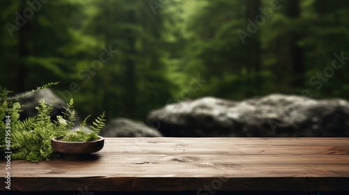 a boreal forest background with an empty rustic wooden table, ideal for displaying product mockups, ensuring an irreproachable composition in a minimalist and modern style. photo