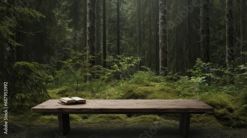 a boreal forest background with an empty rustic wooden table, ideal for displaying product mockups, ensuring an irreproachable composition in a minimalist and modern style.