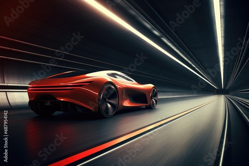A dynamic image of a red sports car driving through a tunnel. Perfect for capturing the excitement and speed of a fast-paced journey. Ideal for automotive and travel-related projects