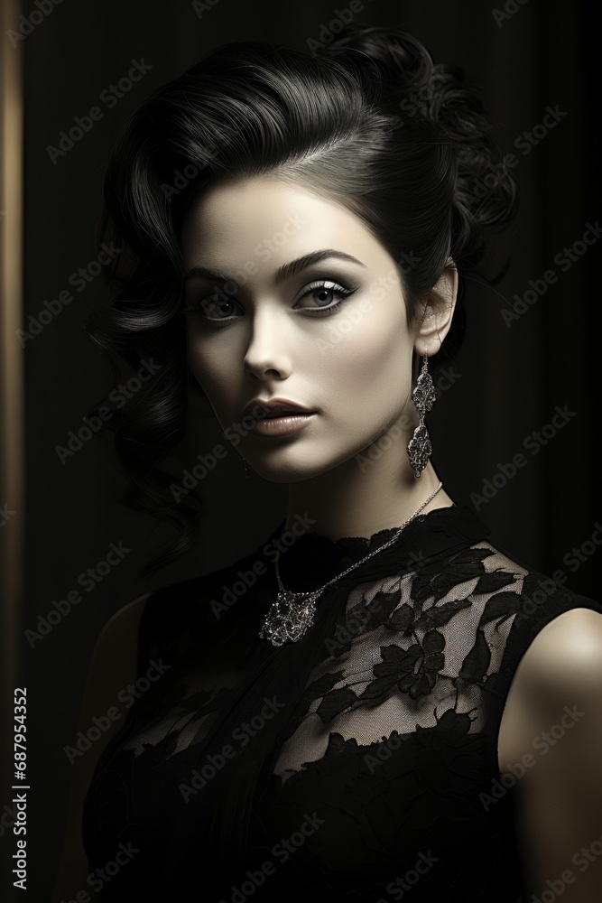 Model in a black and white portrait, emphasizing timeless elegance, Generative AI