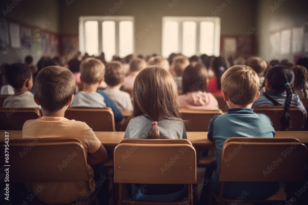 Group of children sitting at desks in a classroom. Suitable for educational and school-related projects