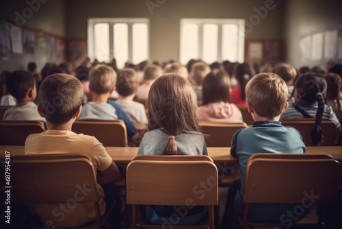 Group of children sitting at desks in a classroom. Suitable for educational and school-related projects photo