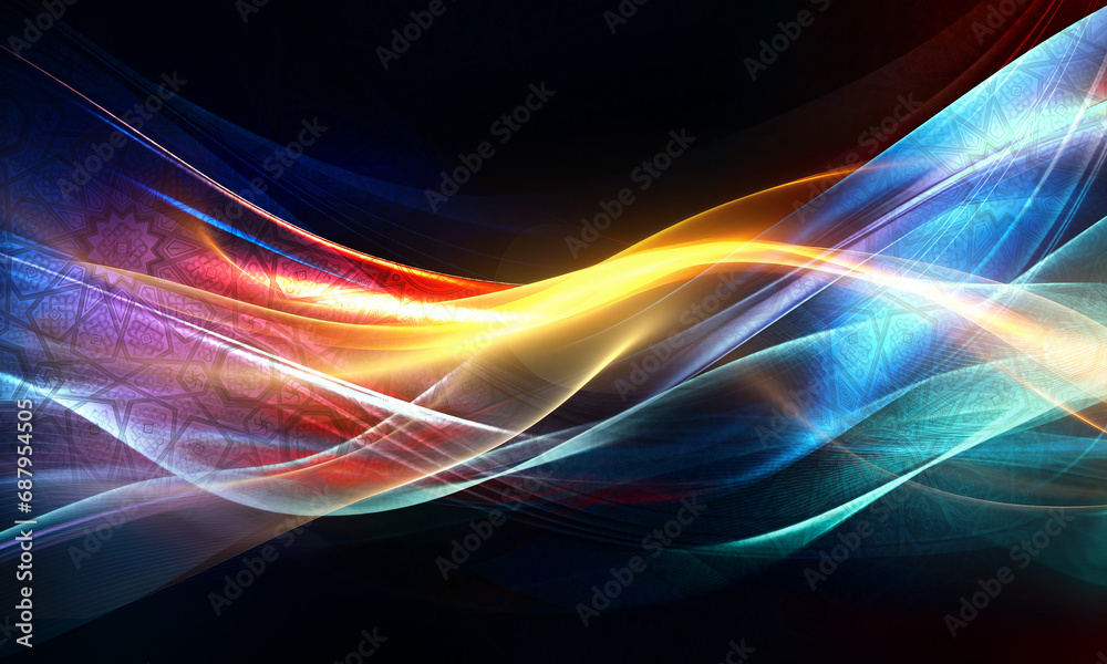 Wallpaper with Islamic decorations on the wall, shiny gradient in different colors and a red-blue background with Islamic decorations .abstract wavy background Beautiful colorful light effect of red 