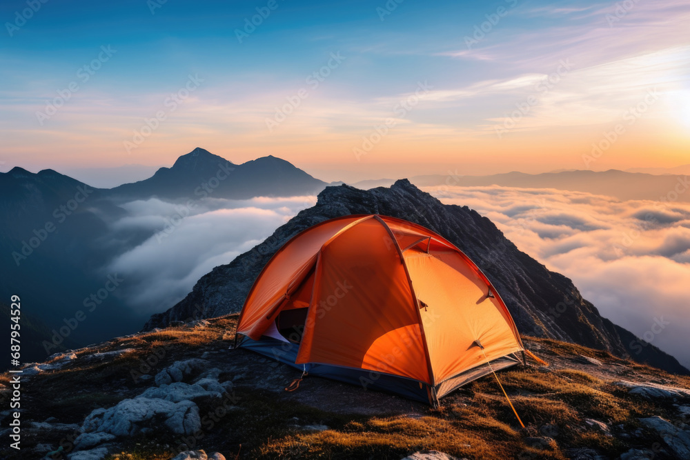 A tent pitched on top of a mountain. Perfect for adventure and camping themes