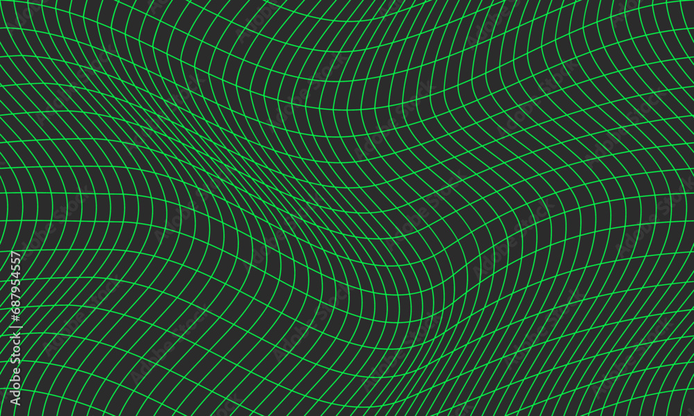 Primitive Monochrome Retro futurism Seamless Pattern. Abstract brutalist Geometric Wavy Grid print. Wireframe Perspective Landscape in Neon Green Color. Polygonal 3d Surface, Vector Illustration.