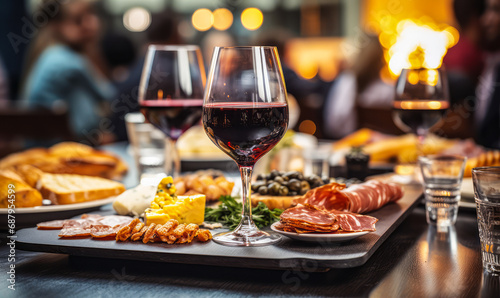 Close-up of a glass of red wine on a bar table with blurred people and charcuterie board in the background at a cozy wine tasting event photo