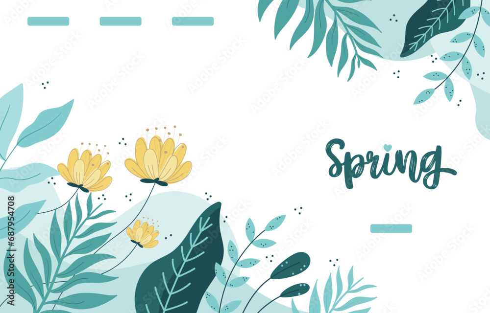 Spring background, Spring flowers and leaves. Abstract natural line arts. Organic shape. Design background for social media post, cover, web page and wallpaper