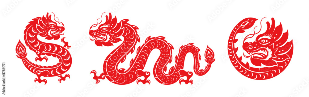 Obraz premium Chinese New Year 2024, red Dragon silhouette, horoscope character, simple hand-drawn Asian greeting card and tattoo design element. Paper cut asian animal, lunar calendar zodiac CNY symbol