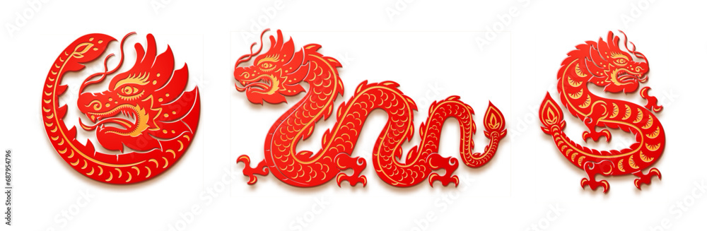 Obraz premium Chinese New Year 2024, paper cut asian animal, lunar calendar zodiac CNY symbol vector illustration. Red dragon lunar horoscope character, tattoo design element, spring festival decoration