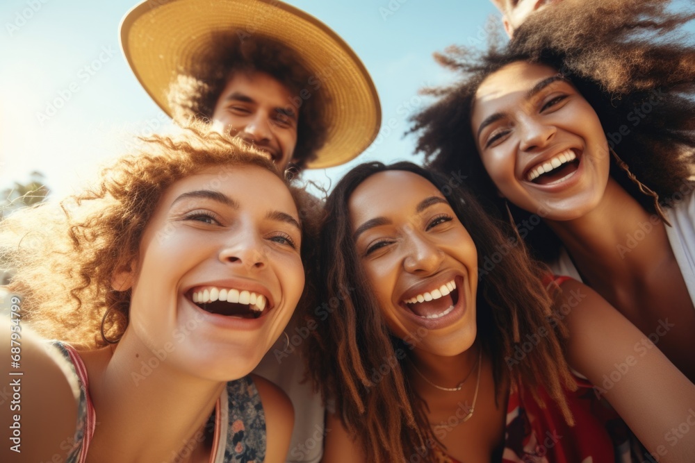 A group of young women captured in a moment of joy, smiling and laughing. Perfect for illustrating friendship, happiness, and togetherness in various projects A group of young women captured in a moment of joy, smiling and laughing. Perfect for illustrating friendship, happiness, and togetherness in various projects