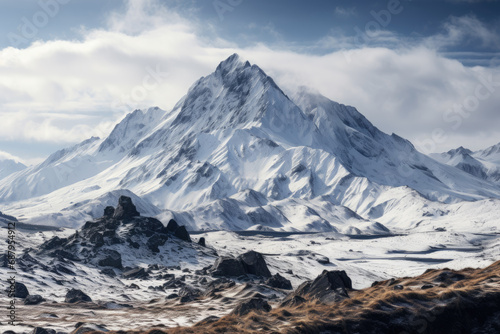 Volcanic Winter Wonderland with Snow-Capped Peaks © MyPixelArtStudios