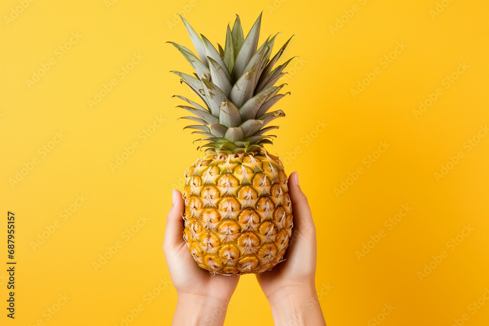 Hand holding a pineapple, showcasing the tropical allure, prickly exterior, and vibrant freshness of this delicious and nutritious fruit. - obrazy, fototapety, plakaty 