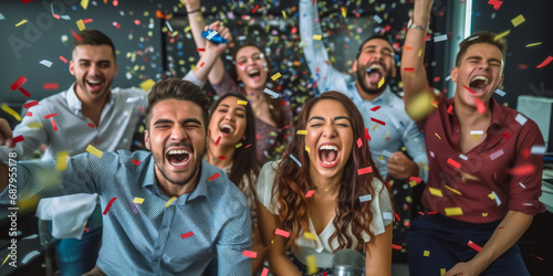Joyful diverse group of friends or colleagues celebrating with confetti, cheering and laughing together in a festive atmosphere at a party or successful corporate event photo