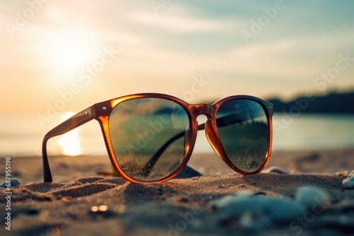 A pair of sunglasses resting on top of a sandy beach. Perfect for summer vacation concepts