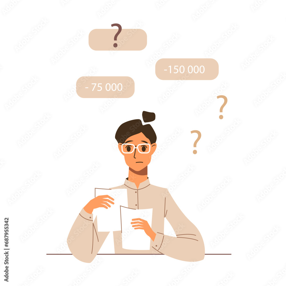 A woman accountant counts expenses. A working with numbers and documents. Cartoon person on a job. Financial budget planning.