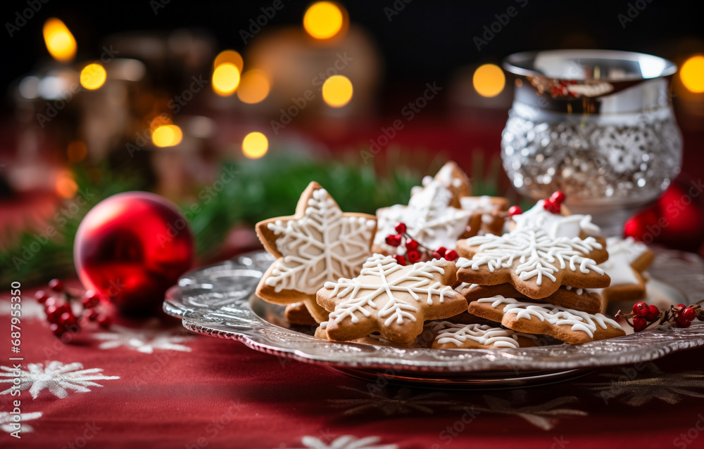 Artfully decorated gingerbread cookies on a festive holiday table