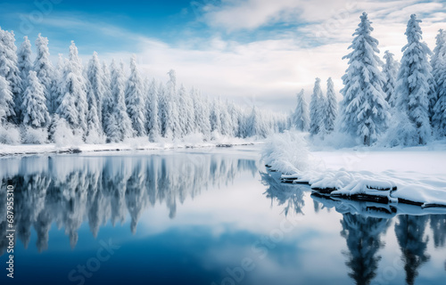 Serene winter wonderland with snowy trees reflecting in lake
