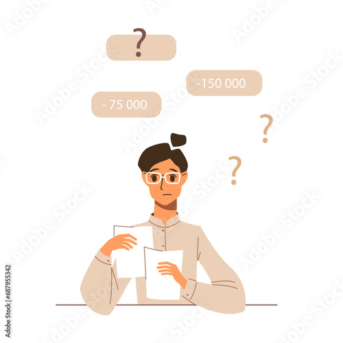 A woman accountant counts expenses. A working with numbers and documents. Cartoon person on a job. Financial budget planning.