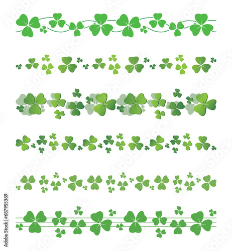 set of seamless borders. Clover leaves. Vector trefoils for Patrick holiday