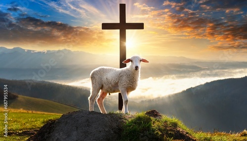 resurrection of jesus christ concept god lamb in front of the cross of jesus christ on sunrise background generative ai photo
