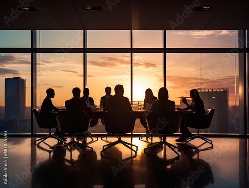 Silhouettes of people in a meeting room with a window behind them