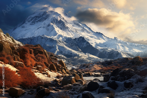 Volcanic Winter Wonderland with Snow-Capped Peaks