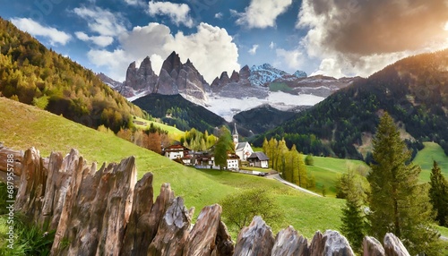famous best alpine place of the world santa maddalena village with magical dolomites mountains in background val di funes valley trentino alto adige region italy europe photo
