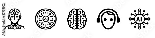 set of artificial intelligence icons in linear style, robot training, ai chip, brain with neural networks. Vector illustration