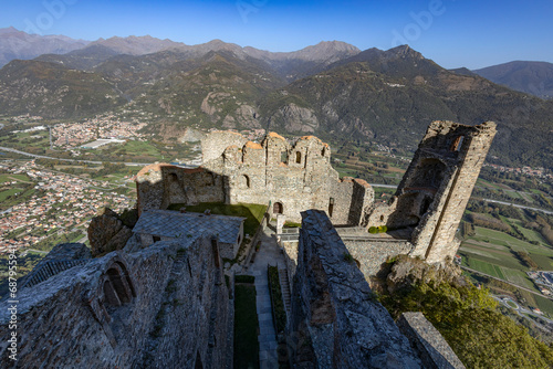 View the ruins of The Sacra of San Michele and the magnificent view on the Susa Valley , province of Turin, Piedmont, Italy,