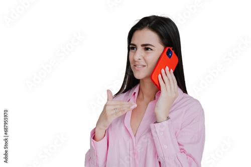Картината върху платно Irritated young brunette talks by phone looks aside  against transparent background with copy space for ad, mockup