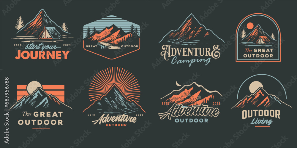 adventure outdoor badge logos. Set of Vintage mountains landscape illustration Camp Logo Patches. vector emblem designs. Great for shirts, stamps, stickers logos and labels. - obrazy, fototapety, plakaty 