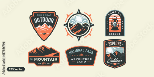 adventure outdoor badge logos. Set of Vintage mountains landscape illustration Camp Logo Patches. vector emblem designs. Great for shirts, stamps, stickers logos and labels. photo