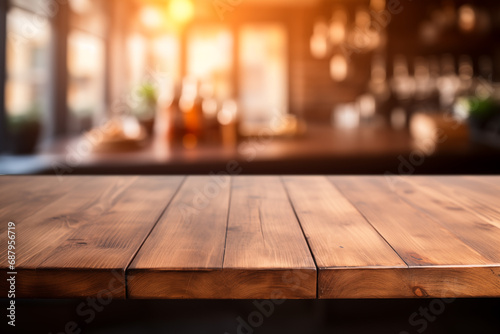 Wooden table on blurred kitchen