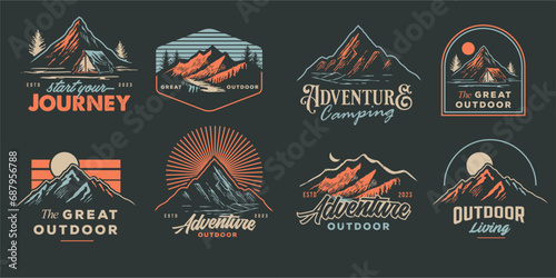 adventure outdoor badge logos. Set of Vintage mountains landscape illustration Camp Logo Patches. vector emblem designs. Great for shirts, stamps, stickers logos and labels. photo