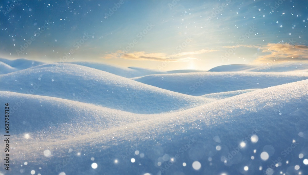 winter snow background with snowdrifts with beautiful light and snow flakes on the blue sky in the evening banner format copy space
