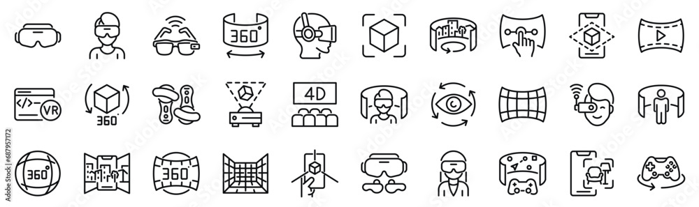 Set of 30 outline icons related to virtual reality, augmented reality. Linear icon collection. Editable stroke. Vector illustration - obrazy, fototapety, plakaty 