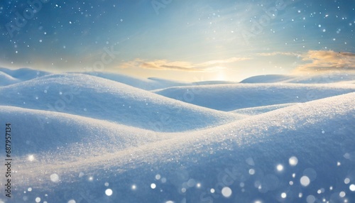 winter snow background with snowdrifts with beautiful light and snow flakes on the blue sky in the evening banner format copy space © Nichole
