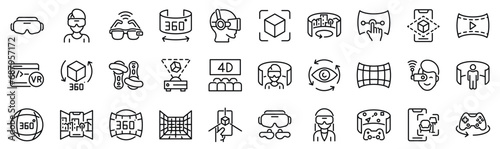 Set of 30 outline icons related to virtual reality, augmented reality. Linear icon collection. Editable stroke. Vector illustration photo