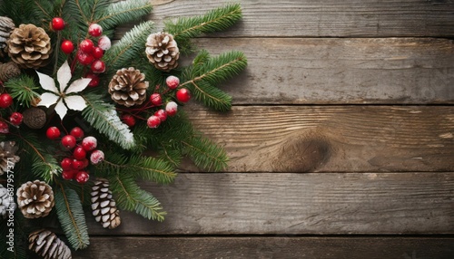 holiday evergreen branches and berries over rustic wood background