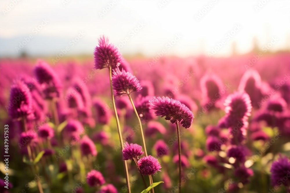 Fototapeta premium Amaranth flower field with sunny filter. generative ai.