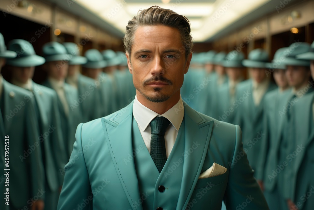 a man stands in front of other mannequins. Generative ai a man stands in front of other mannequins. Generative ai