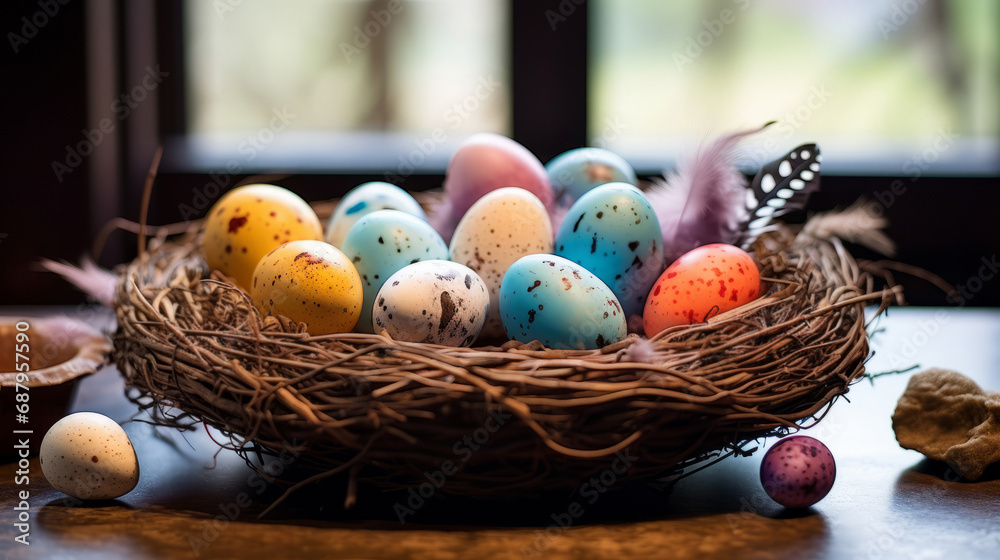 colorful easter eggs in a nest on the table colorful easter eggs in a nest on the table