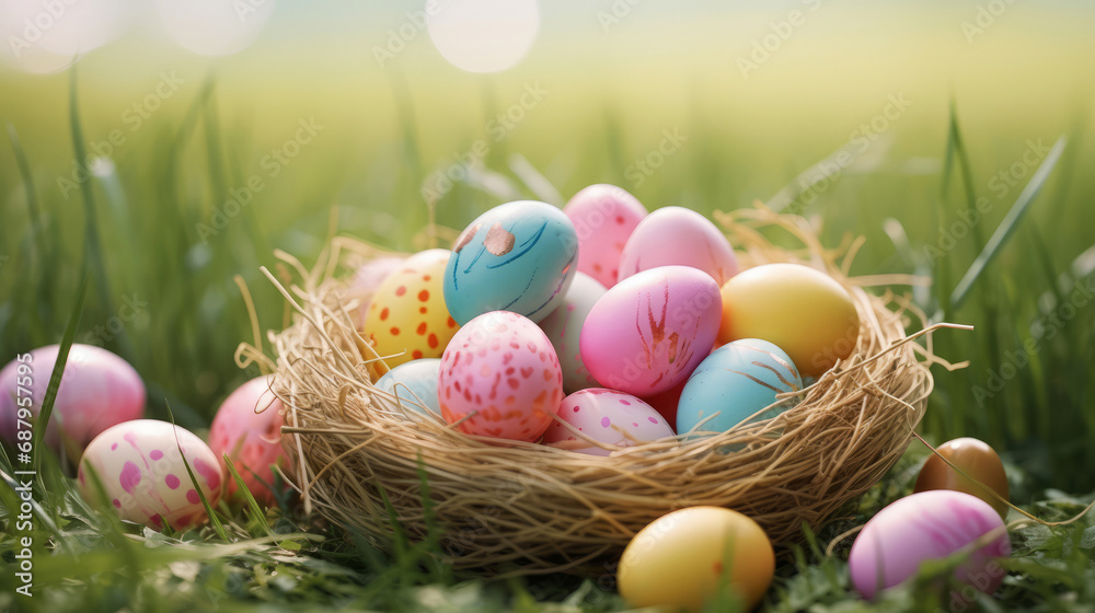close up of pastel pink, blue, and yellow easter eggs in a nest on the spring grass