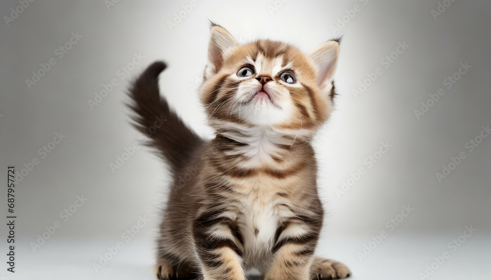 playful funny kitten looking up on white background
