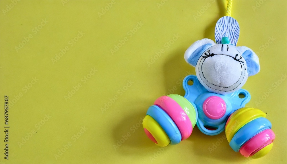baby toy on yellow background with copy space for text